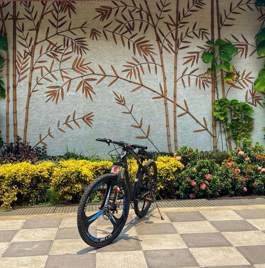 Radisson Blu Plaza Resort & Convention Centre 카르자트 외부 사진 A bicycle parked in front of a wall with a bamboo design